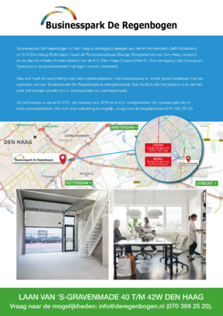 Informatieve promotieposter van Businesspark De Regenbogen in Den Haag met locatiekaart, interieurfoto’s en contactgegevens aan de Laan van ‘s-Gravenmade.